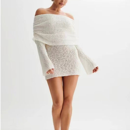 Off-shoulder knit bodycon dress by Carmine Juneberry, 25th edition, shown in a close-up of the fitted, stylish dress fabric and neckline.