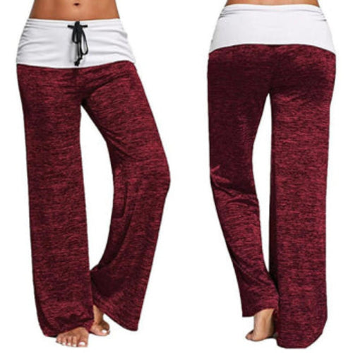 Women's red marled wide-leg lounge pants with white drawstring waistband, front and back view
