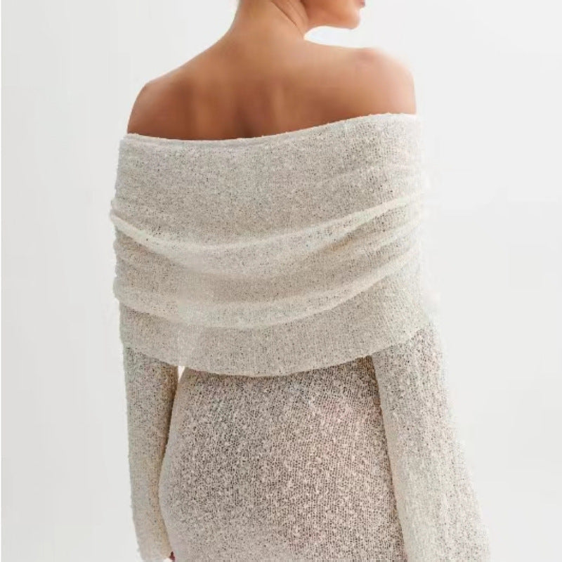 Off-shoulder knit bodycon dress by Carmine Juneberry in 25th edition, featuring a fitted silhouette and stylish design.