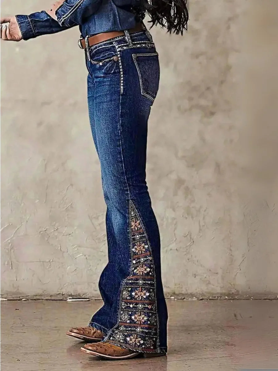 Women’s High Rise Wide Flare Jeans: Medium Wash Stretch Denim with Beaded Embroidery – Vintage Boho Western Cowboy Style