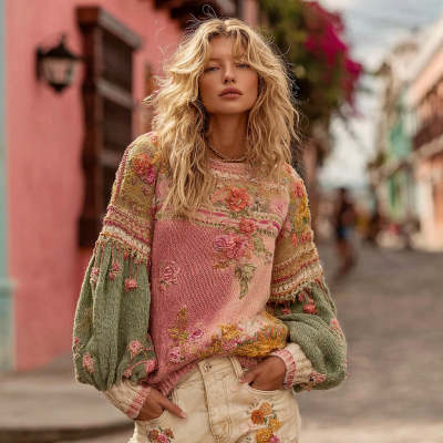 Pink Lucky women's casual 3D-printed loose crew-neck pullover, stylish and comfortable for everyday wear.