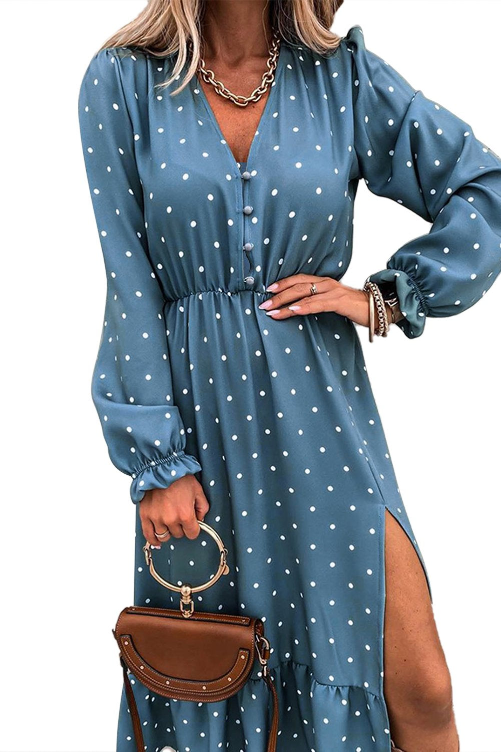 Jade women's midi dress with polka dots, high slit, and ruffled details, perfect for stylish summer outings.