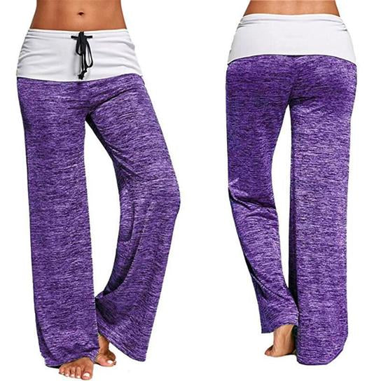 Women's purple wide-leg lounge pants with white drawstring waistband, front and back view