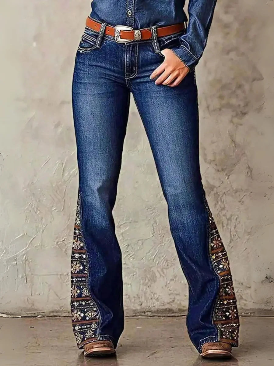 Women’s High Rise Wide Flare Jeans: Medium Wash Stretch Denim with Beaded Embroidery – Vintage Boho Western Cowboy Style