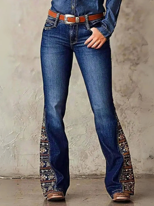 Women’s High Rise Wide Flare Jeans: Medium Wash Stretch Denim with Beaded Embroidery – Vintage Boho Western Cowboy Style