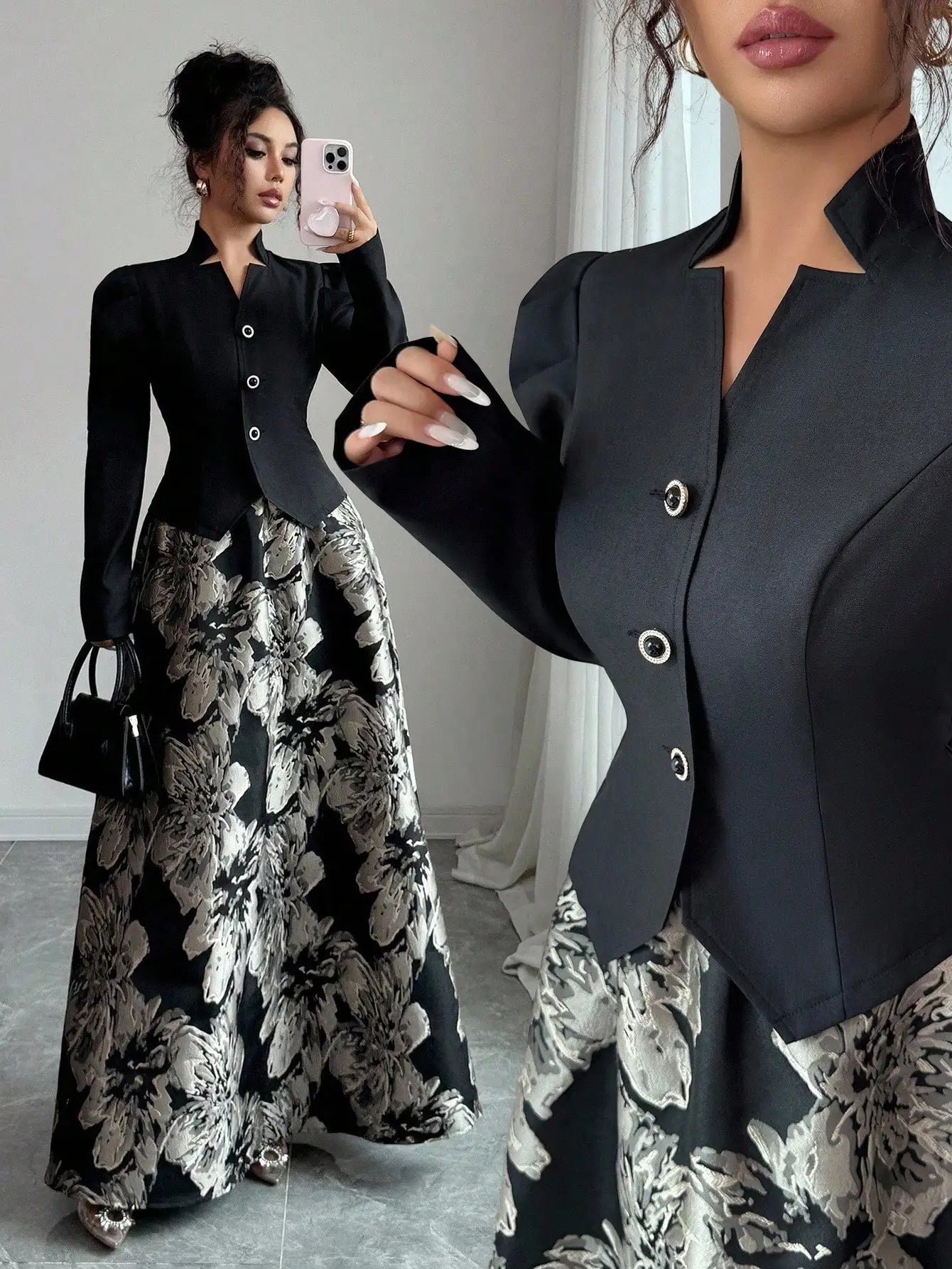 Elegant black blazer with puff sleeves and floral A-line skirt set for women, suitable for office and evening wear by Spur & Silk.