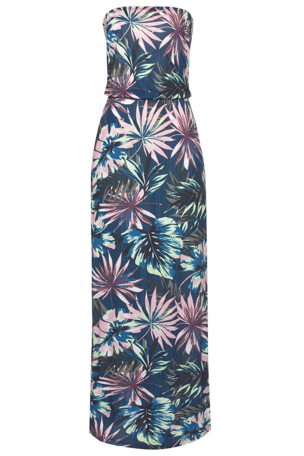 Green bohemian bandeau print maxi dress for women by Lavender Pallas, featuring a flowing, vibrant floral design.