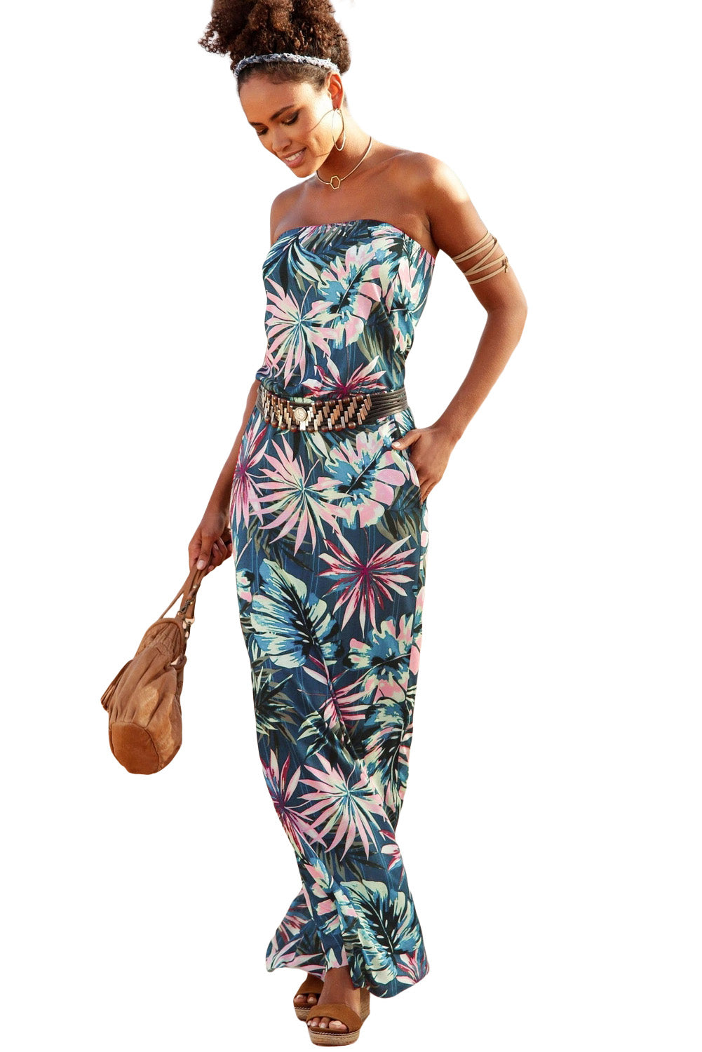 Green bohemian bandeau print maxi dress for women by Lavender Pallas, featuring a flowing, patterned design and lightweight fabric.