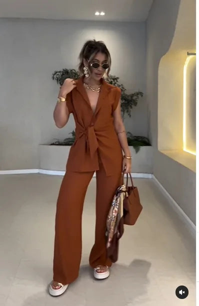 Women Tie Waist Short Sleeve Top Two-Piece Set High Waist Casual Pants Matching Set Relaxed Co-Ord Set Chic Coord Outfit Set