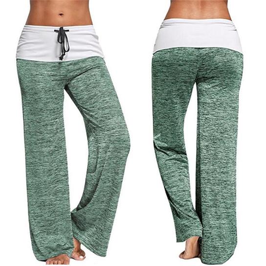 Women’s green heathered wide-leg yoga pants with white drawstring waistband, front and back view