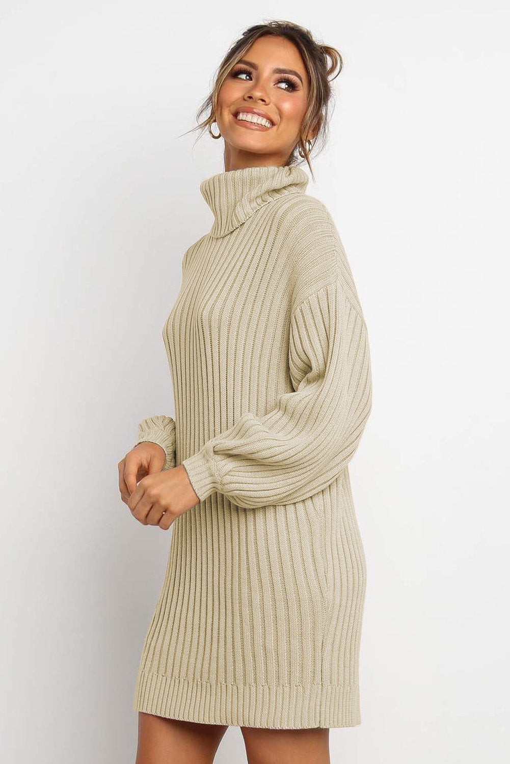 Lavender Pallas apricot turtleneck sweater dress with balloon sleeves, women's clothing, cozy knit fashion for fall or winter.