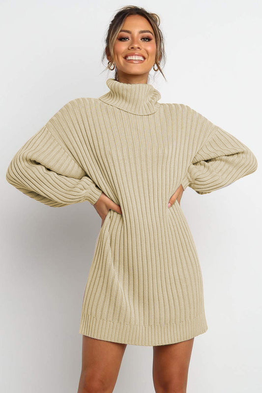 Apricot turtleneck balloon sleeve sweater dress for women by Lavender Pallas, featuring a cozy, stylish knit design.
