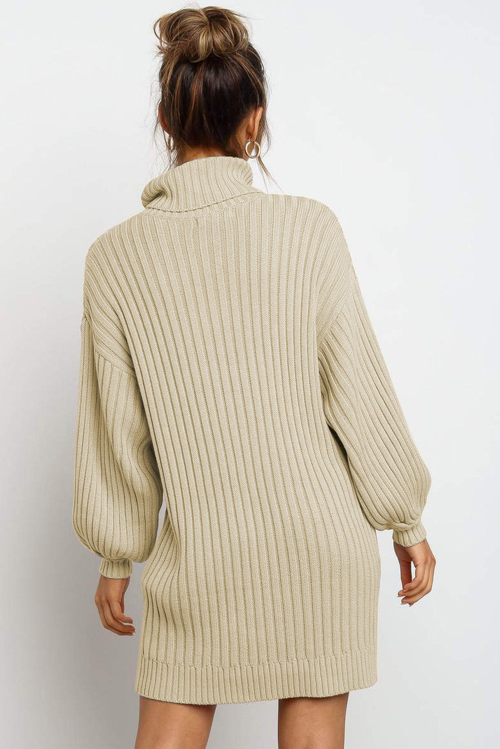 Lavender Pallas apricot turtleneck balloon sleeve sweater dress for women, cozy knit with relaxed fit and stylish design.