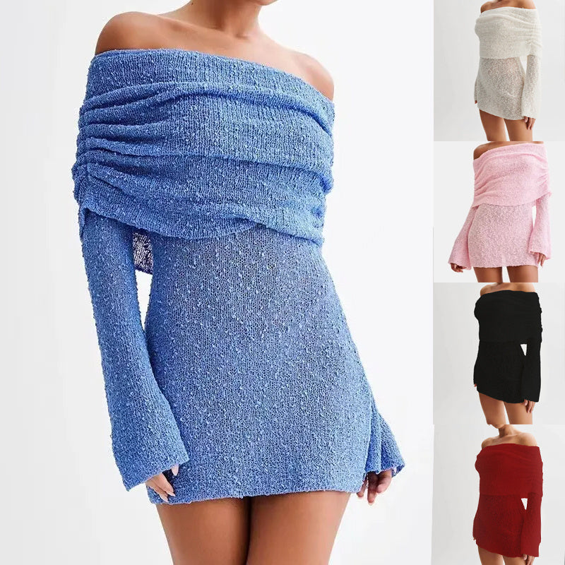 Carmine Juneberry 25th Edition off-shoulder knit bodycon dress, black fitted dress with long sleeves and off-shoulder neckline.
