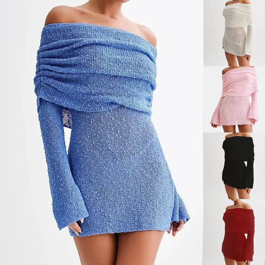 Carmine Juneberry 25th Edition off-shoulder knit bodycon dress, black fitted dress with long sleeves and off-shoulder neckline.