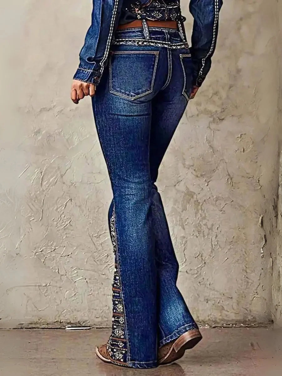 Women’s High Rise Wide Flare Jeans: Medium Wash Stretch Denim with Beaded Embroidery – Vintage Boho Western Cowboy Style