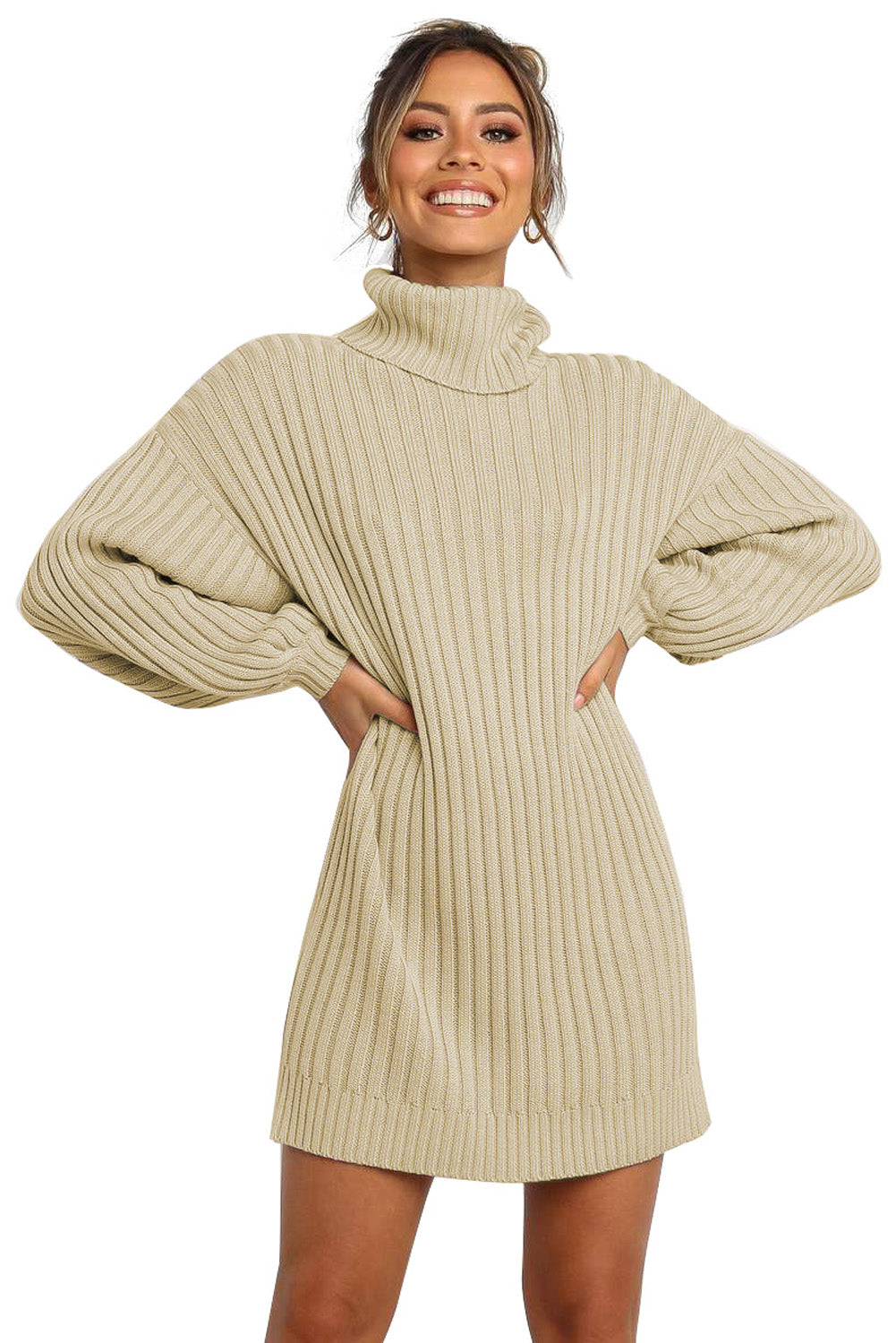 Lavender Pallas apricot turtleneck sweater dress with balloon sleeves, stylish women's clothing perfect for fall and winter fashion.