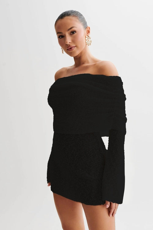 Off-shoulder knit bodycon dress by Carmine Juneberry, 25th Edition, featuring a fitted silhouette and stylish design.