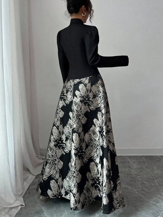 Elegant black blazer with puff sleeves paired with a floral A-line skirt, stylish office to evening wear for women by Spur & Silk.