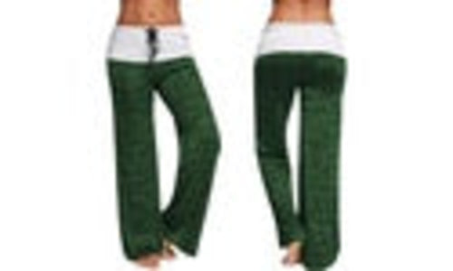 Women’s green flared pants with white waistband, front and back view, western style clothing