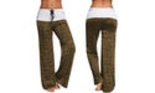 Woman wearing low-rise, wide-leg western style pants with white waistband front and back view