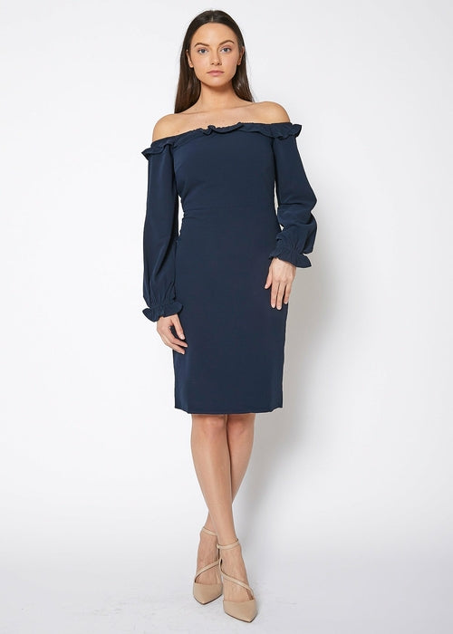 Navy women's off-shoulder bodycon dress by Lemon Hera, form-fitting dress with elegant neckline and smooth fabric.
