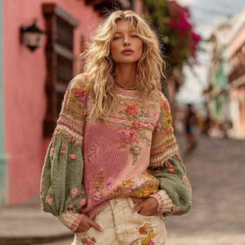 Pink Lucky women's casual 3D-printed loose crew-neck pullover, fashionable and comfortable, shown in a relaxed fit style.