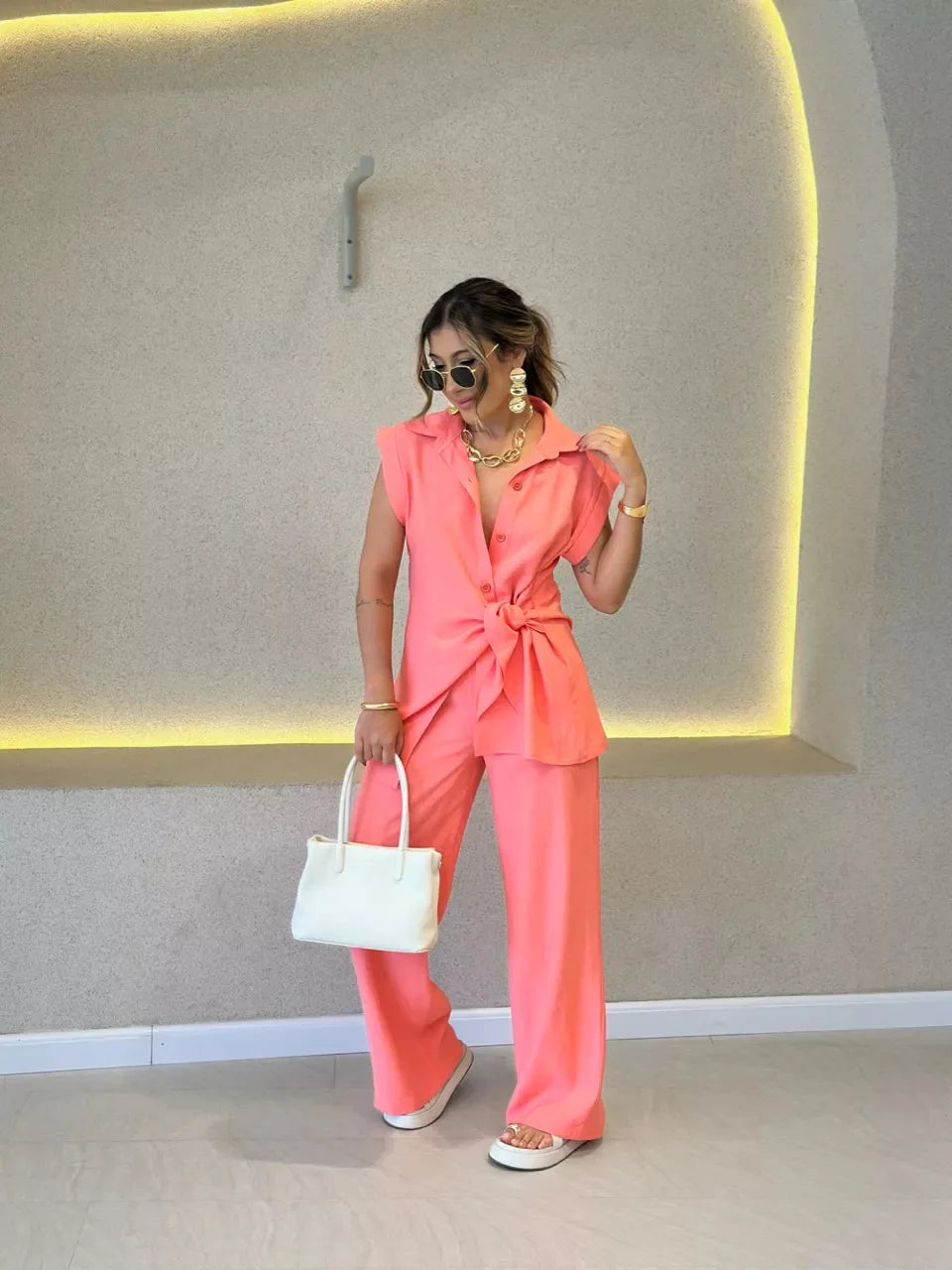 Women Tie Waist Short Sleeve Top Two-Piece Set High Waist Casual Pants Matching Set Relaxed Co-Ord Set Chic Coord Outfit Set