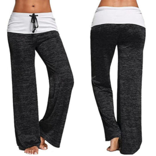 Women's high-waisted black lounge pants with white waistband and drawstring, front and back view