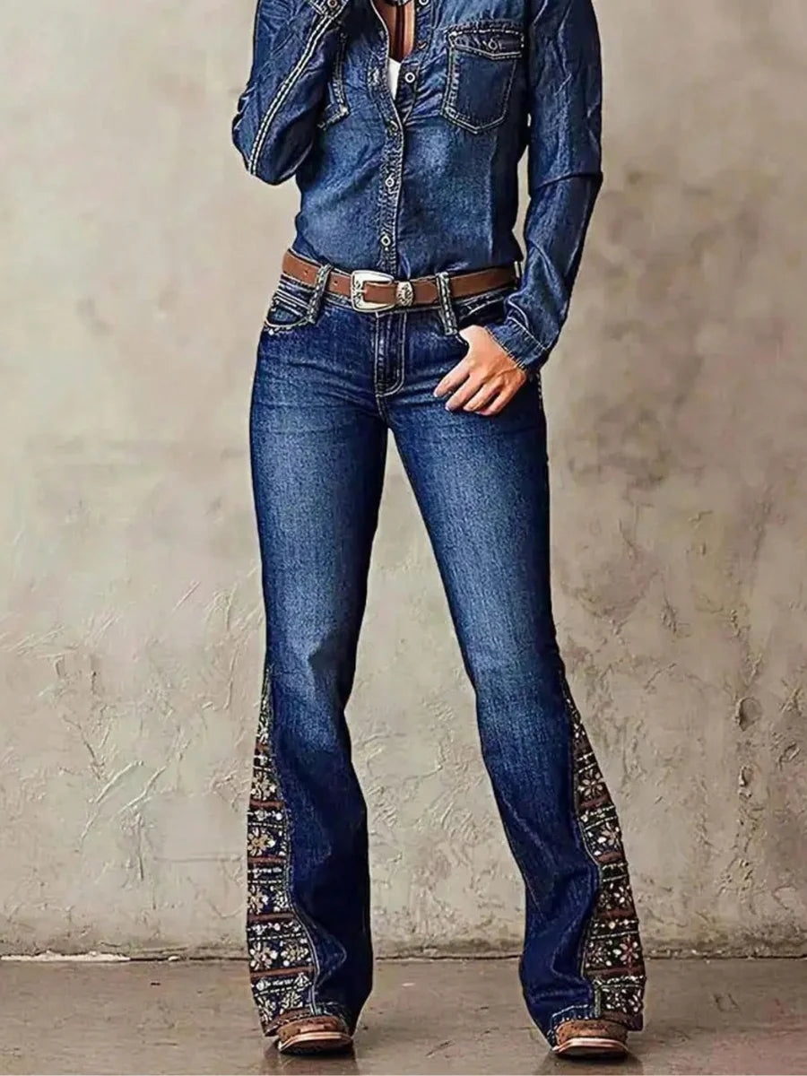Women’s High Rise Wide Flare Jeans: Medium Wash Stretch Denim with Beaded Embroidery – Vintage Boho Western Cowboy Style