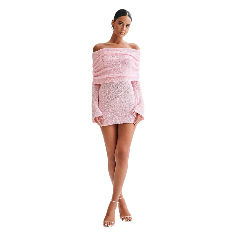 Carmine Juneberry off-shoulder knit bodycon dress in 25th edition, featuring a fitted silhouette and stylish off-shoulder design.