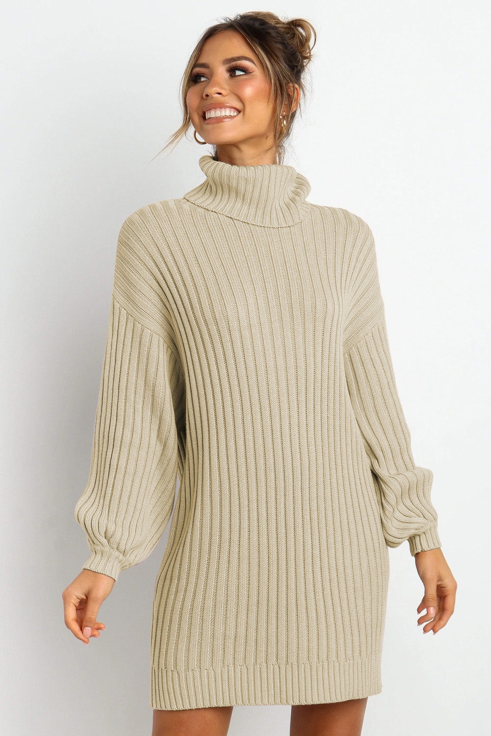 Lavender Pallas apricot turtleneck balloon sleeve sweater dress for women, cozy knit with relaxed fit and stylish design.