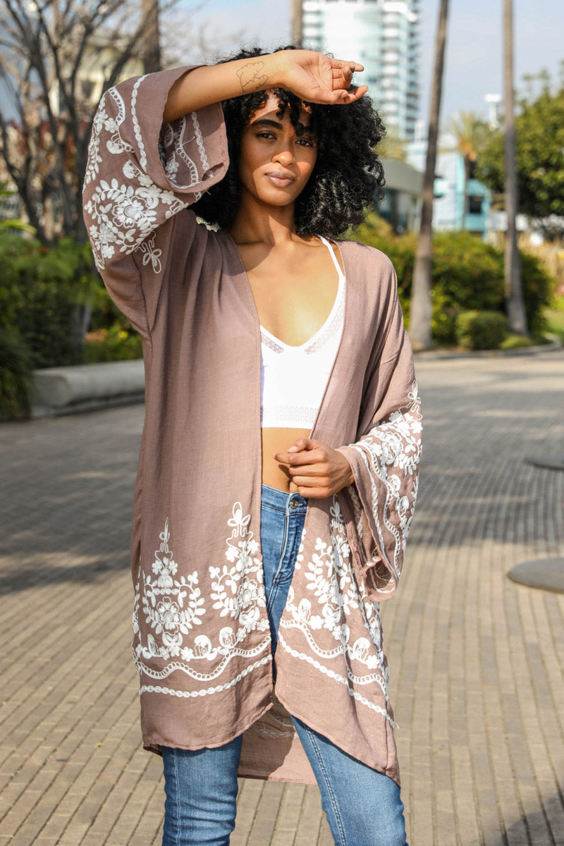 Embroidered floral vine kimono by Periwinkle Aether, lightweight accessories with colorful floral and vine embroidery.