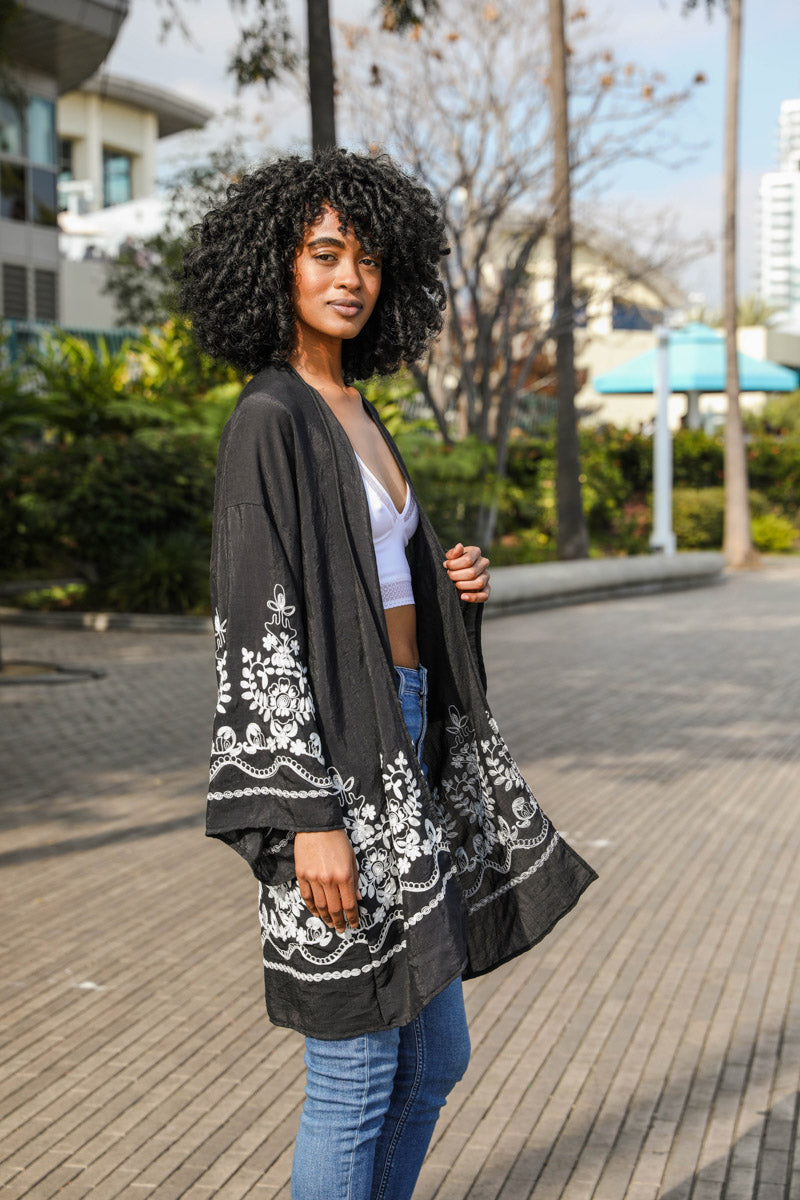 Embroidered floral vine kimono accessory by Periwinkle Aether with intricate floral embroidery and lightweight fabric.
