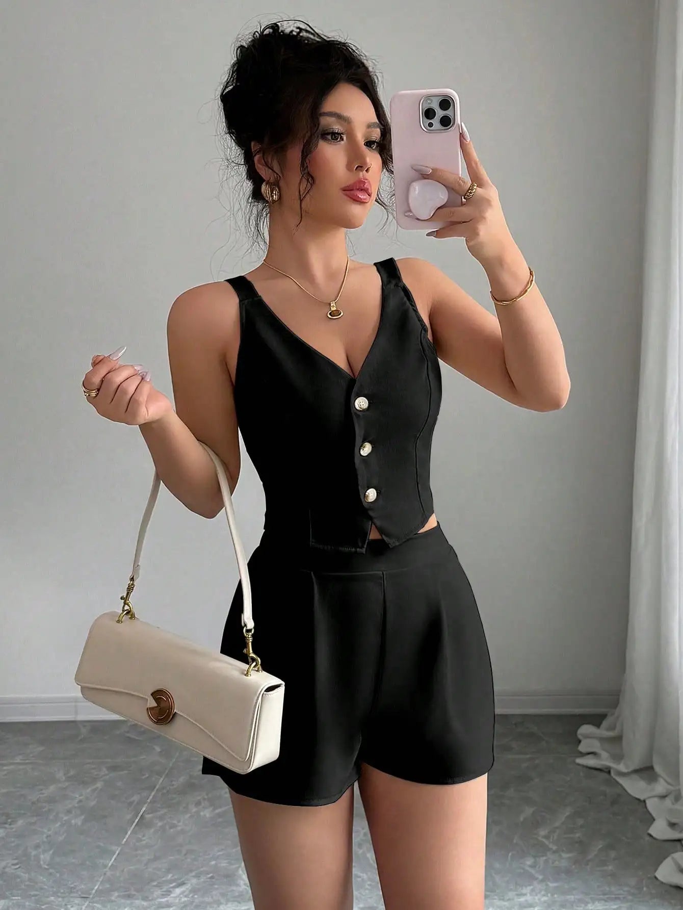 Spur & Silk Selianne apricot casual 2-piece set with front button slit hem top and matching shorts, perfect for everyday wear