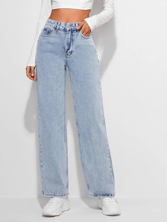 Light blue high-rise denim jeans for women by Ochre Ourea, size 28, displayed on a hanger.