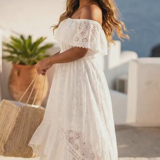 Boho lace embroidery maxi dress lifestyle video — Santorini