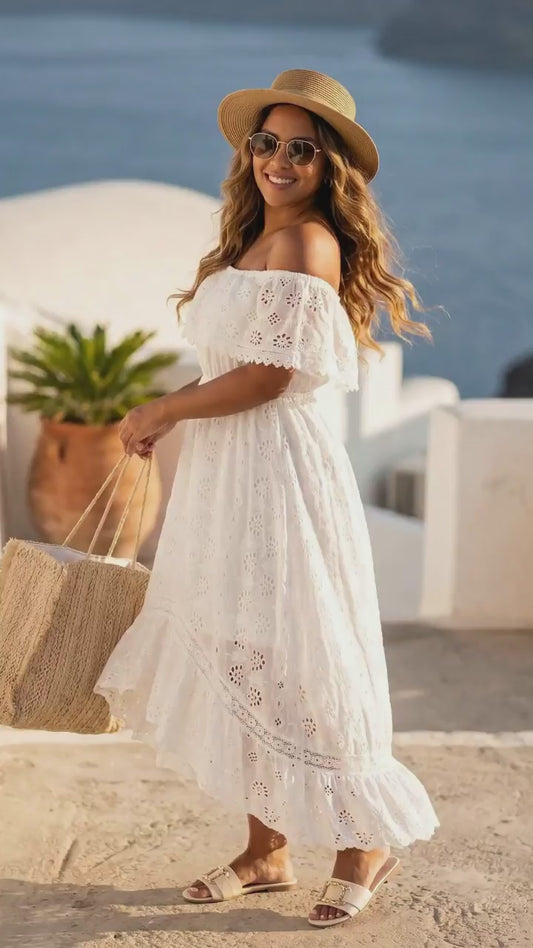 Boho lace embroidery maxi dress lifestyle video — Santorini