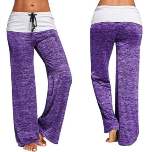 Women's purple wide-leg lounge pants with white fold-over waistband and drawstring