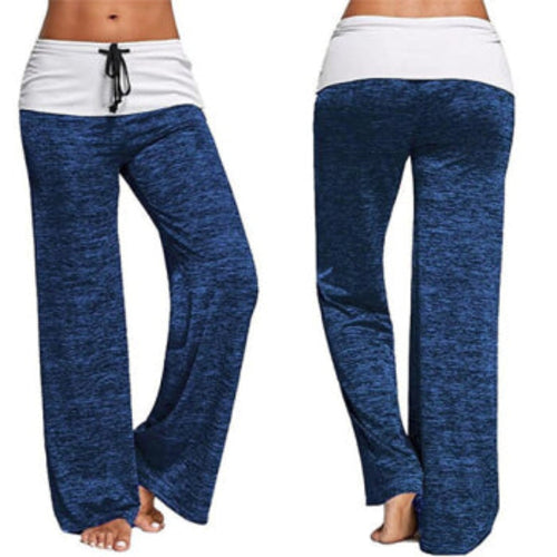 Women's blue wide-leg lounge pants with white drawstring waistband, shown front and back